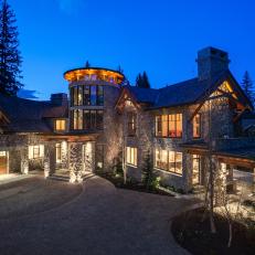 Entry of Contemporary Rustic Mountain Home at Night