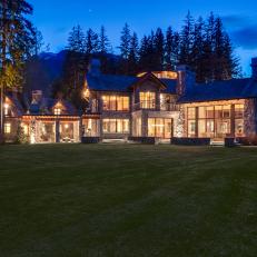 Exterior of Contemporary Rustic Mountain Estate at Night