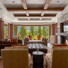 Family Room Features Wooden Ceiling Beams