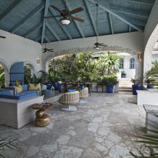 Stone Covered Patio With Blue Accents