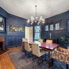 Blue Transitional Dining Room With Fireplace