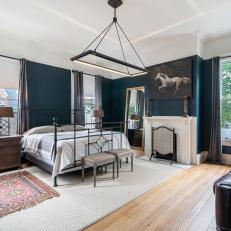 Blue Transitional Bedroom With Metal Bed