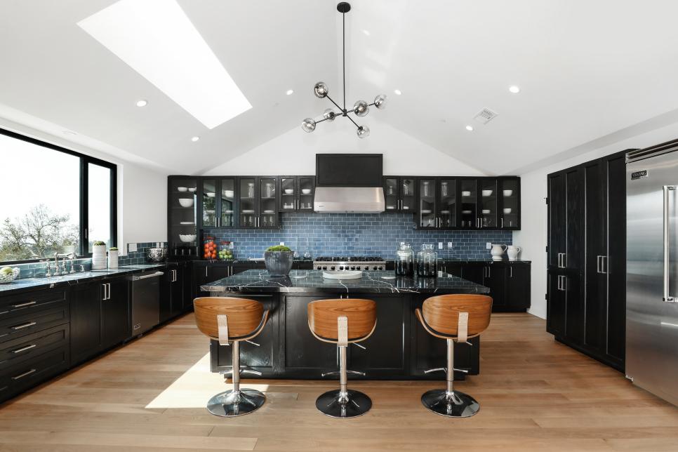 Black and White Kitchen, Modern Chandelier, Marble Counters, Island