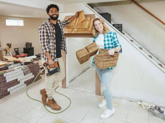 As seen on Hot Mess House, professional organizer Cas Aarseen and her co-host Wendell Holland worked to build a combination home office, play area and entertainment room in the basement of Chris and Christine Ziobro's New Jersey home. Wendell was installing the play room roof as Cas organized storage.