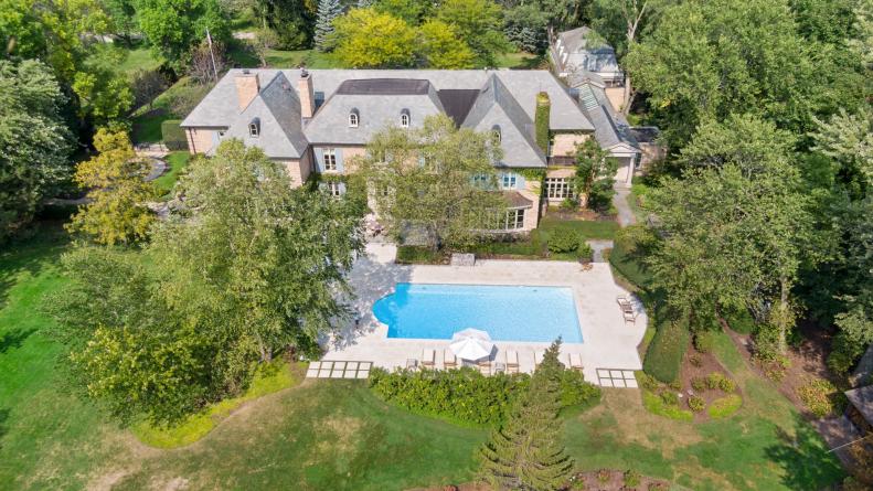 Aerial View of Mansion, Large Pool, Mature Trees in Large Back Yard