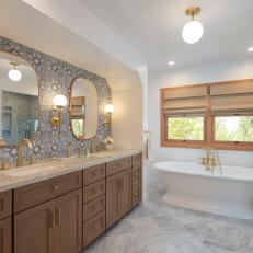 Blue Double Vanity Bathroom With Stunning Pearl White Bathtub