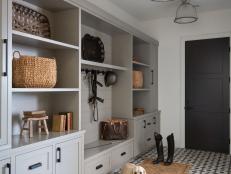 Gray Transitional Mudroom With Bridles