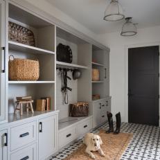 Gray Transitional Mudroom With Bridles
