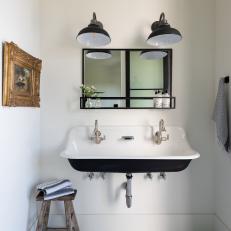 Black and White Country Powder Room With Stool