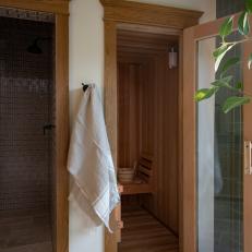 Mid-Century Modern Wooden Bathroom With Cool Built-In Sauna