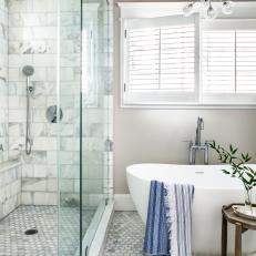 Transitional Bathroom With Navy Ceiling