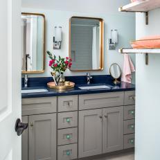 Transitional Bathroom With Navy Countertop