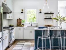 White Transitional Kitchen With Clear Barstools
