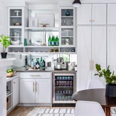 White Transitional Kitchen With Beverage Station