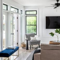 Transitional Living Room With Blue Bench
