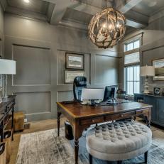 Gray Transitional Home Office With Paneling