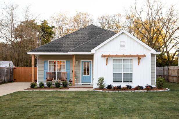 As seen on HGTV's Home Town Takeover, the front exterior of Ella Roberts' home after renovations in Wetumpka, AL.