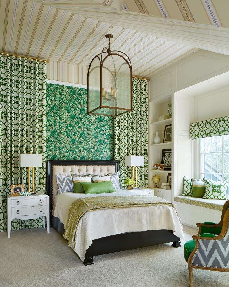 Want to achieve a dramatic look like this headboard treatment with the wallpaper and curtains from Corey? "It’s all about scale," says Corey, about pulling off multiple patterns and colors. "Lay out your patterns in such a way so that there is appropriate scale differentiation. The same applies to color. You can’t have too much of a good thing, so be sure to carefully plan: lay things out, sketch them, and measure before you execute and start spending money."