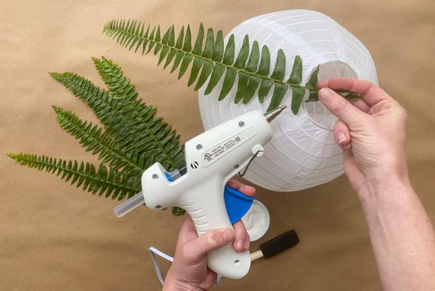 Use a low-temp hot glue gun to adhere the stems of the fern sprigs to the paper lantern.