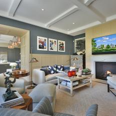 Gray Living Room with Coffered Ceiling