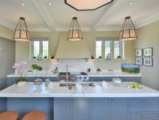 White Contemporary Kitchen, Marble Island with Stools, Modern Pendants