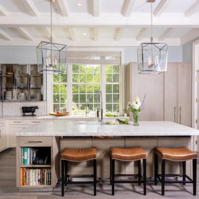 White Transitional Chef Kitchen With Brown Stools