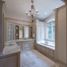 Gray Traditional Bathroom With Chandelier