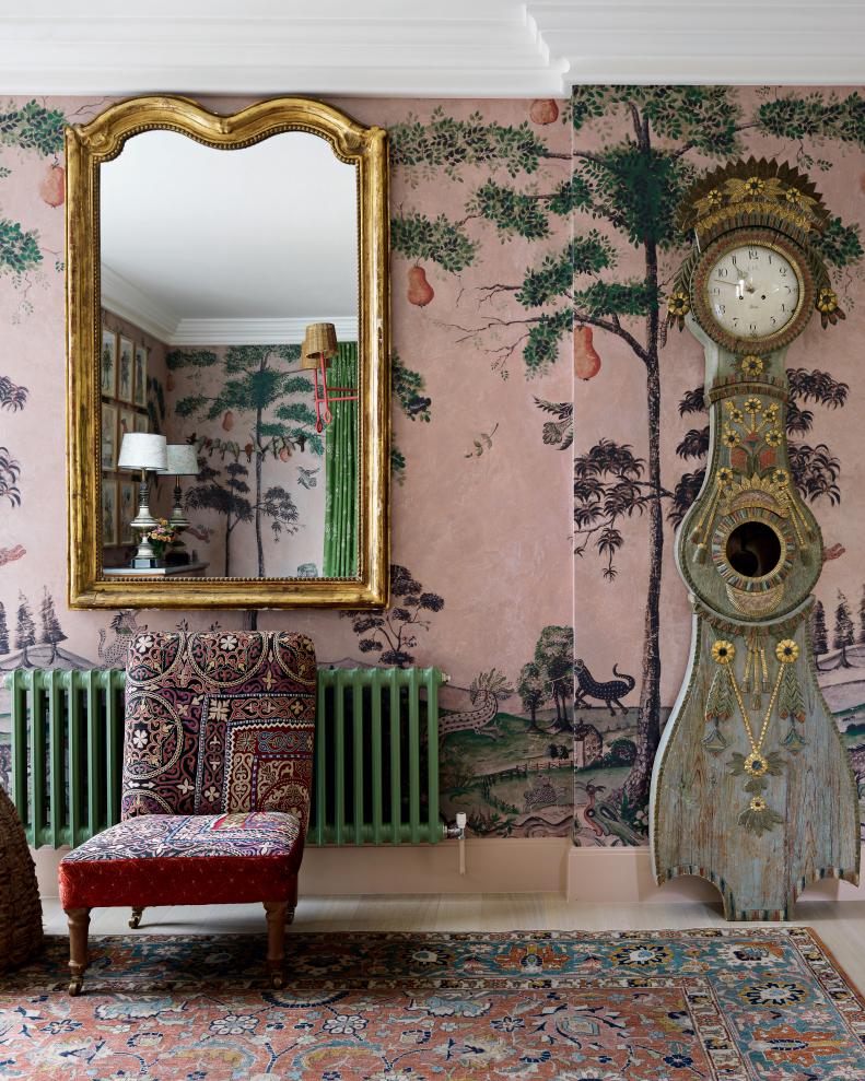 Designer Kit Kemp created this Hyde Park Gate private residence which illustrates the designer's love of color, mixed textiles and patterns and a maximalist approach. In 2019 Kemp told Conde Nast Traveler "I think color makes you happy—it's as simple as that."