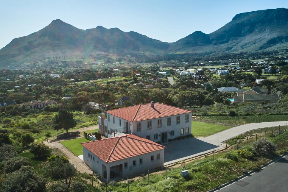 Aerial View of South African Home, Driveway, Mountains in Distance