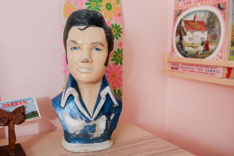 Retro Craft Corner, Floating Shelves, Elvis Presley Bust, Blue Chairs