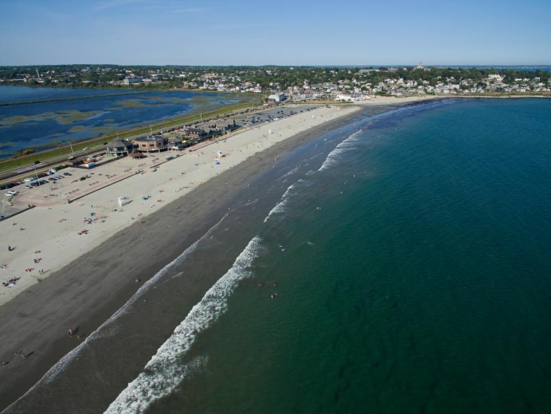An aerial shot of Easton's Beach in Newport