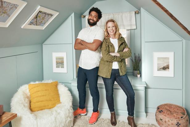 As seen on Hot Mess House, professional organizer Cas Aarseen and co-host Wendell Holland stand in the newly re-designed fourth floor/attic of Amy and Tom Cramer's home. By decluttering, removing a wall and adding a window, Cas and Wendell created a cleanly functional game and storage room.
