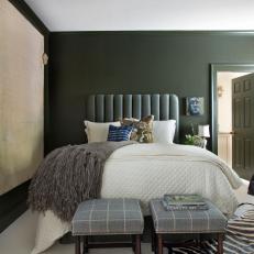 Green Contemporary Bedroom With Upholstered Headboard and Oversized Modern Art 