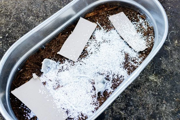 Putting recyclables into galvanized tub.