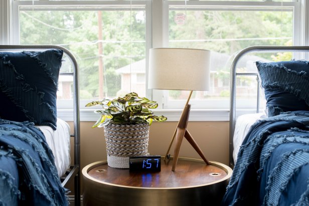 Cool Tone Bedroom with Side Tables, Plant, Alarm Clock, and Table Lamp
