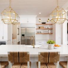 Contemporary White Kitchen With Warm Wooden Floating Shelves 