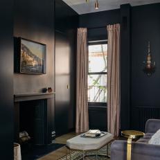 Black Contemporary Sitting Room With Pink Curtains