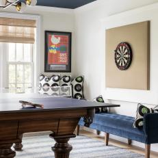 Contemporary Game Room With Blue Bench