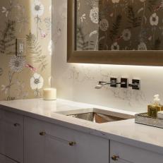 Bathroom With Gold Floral Wallpaper