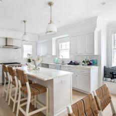White Transitional Kitchen With Window Seat