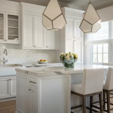 White Cottage Kitchen With Diamond Pendants