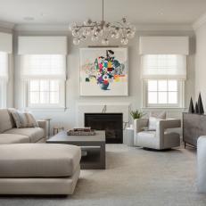 White Contemporary Living Room With Flower Art