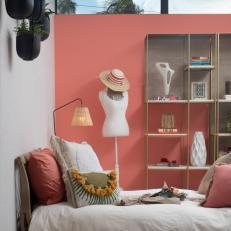 Pink and White Bohemian Home Office With Dress Form