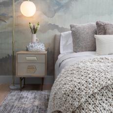 Gray Contemporary Bedroom With Cloudy Wallpaper