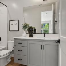 Chic Gray Transitional Bathroom With Clean Gray Cabinetry 