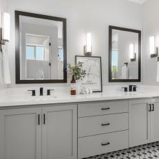 Transitional Gray Bathroom With Sleek Mirrors
