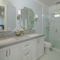 Soft Sky Blue Double Vanity Bathroom With Chic Crystal Clear Mirrors
