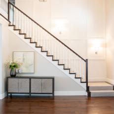 Large, Grand Staircase With Chocolate Wood Railings 