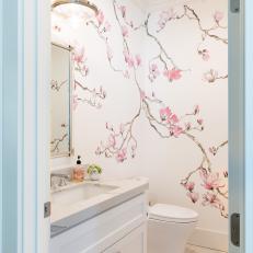 Pink Floral Decorated Half Bath With Gorgeous Marble Countertops