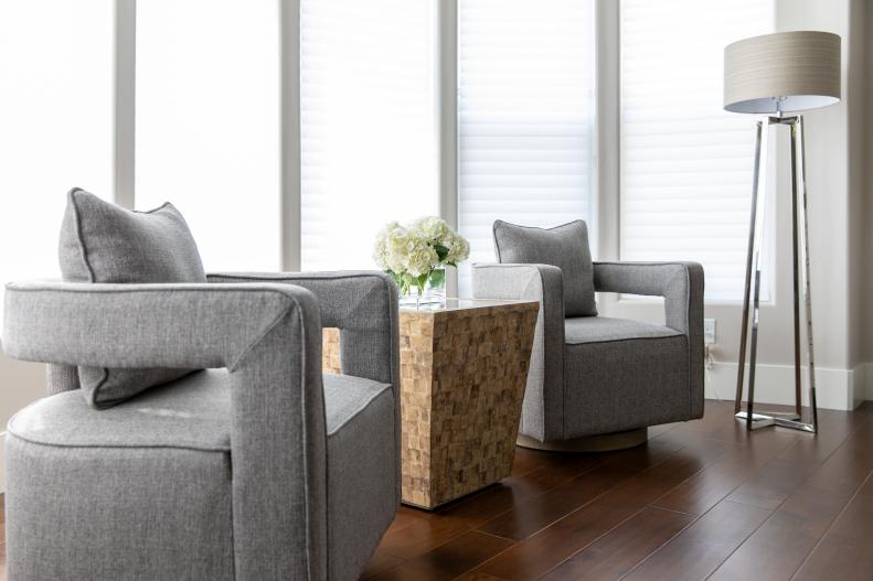 Scandinavian Foyer With Gray Arm Chairs